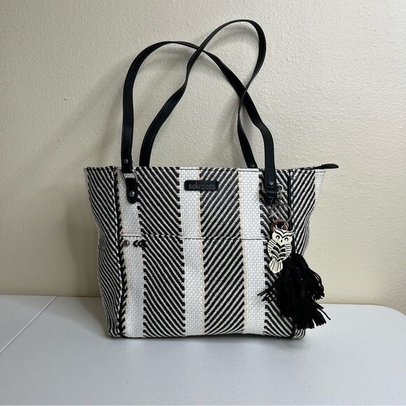 Sakroots Metro Woven Top Zip Tote Shoulder Bag Black White Owl Critter Keychain - Picture 14 of 14